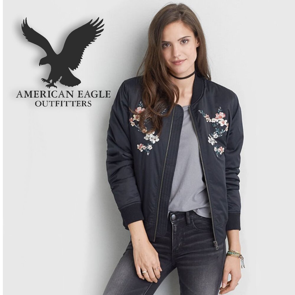 American eagle Bomber Jacket with Floral Embroidery